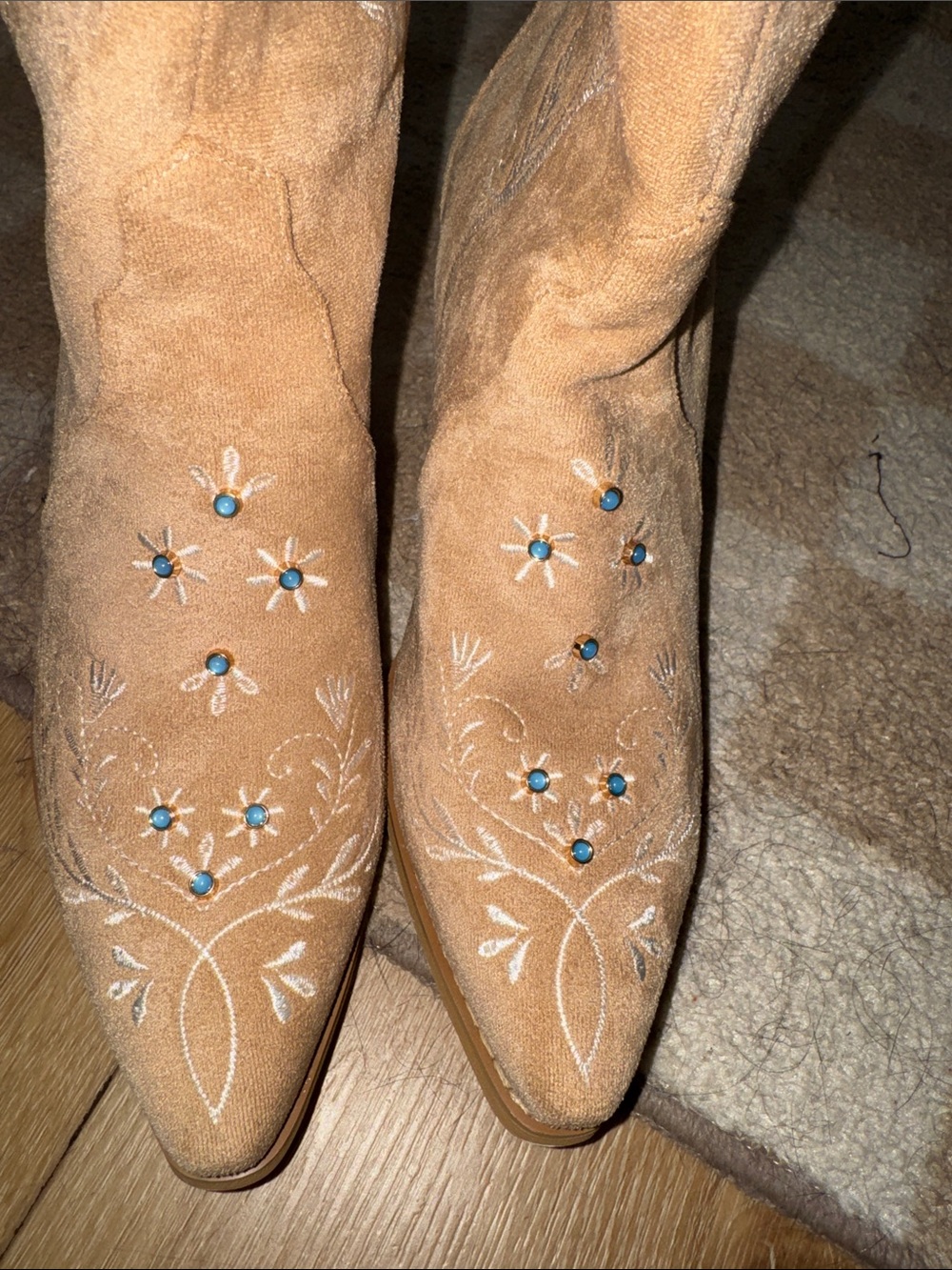 Embroidered Over-the-Knee Suede Boots in Tan - Picture 5 of 8